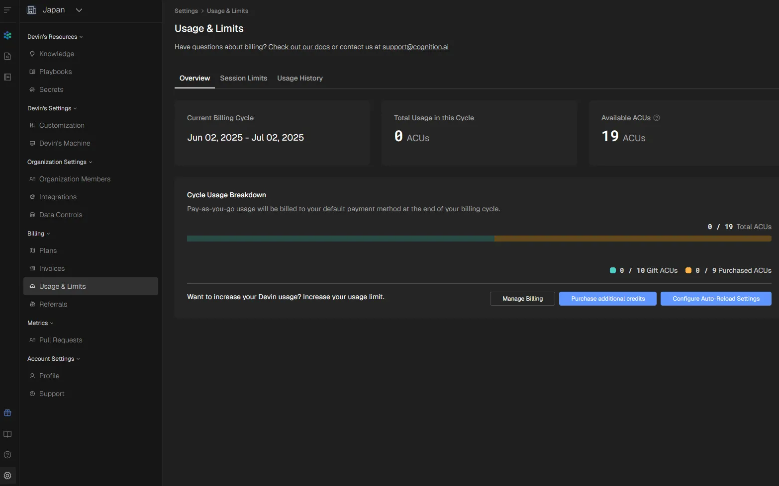 セットアップ時の ACU 消費状況を示す画面