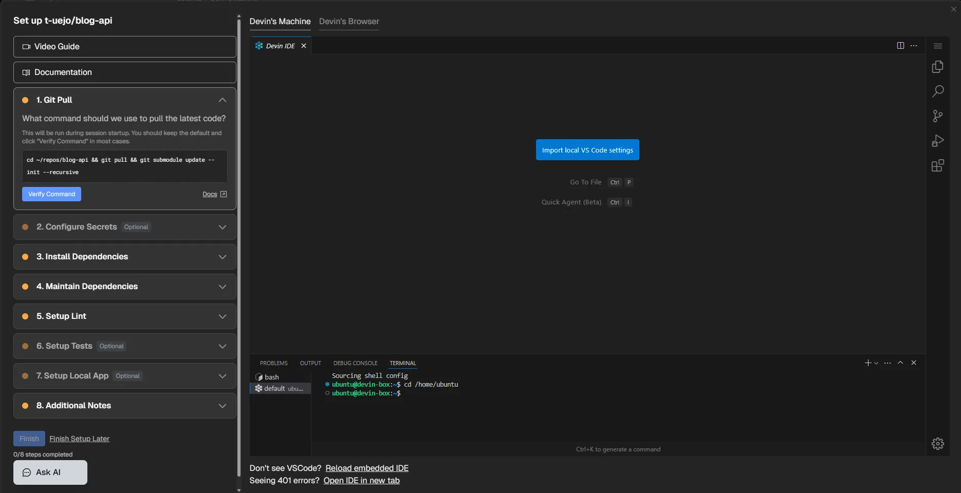 Devin の Web ベース IDE 画面